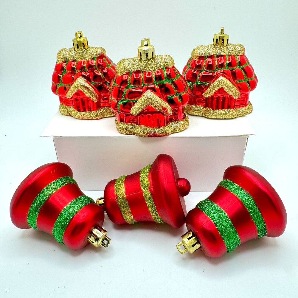 Vintage Red Gold Green Set of 6 Christmas Ornaments Gingerbread House Bells